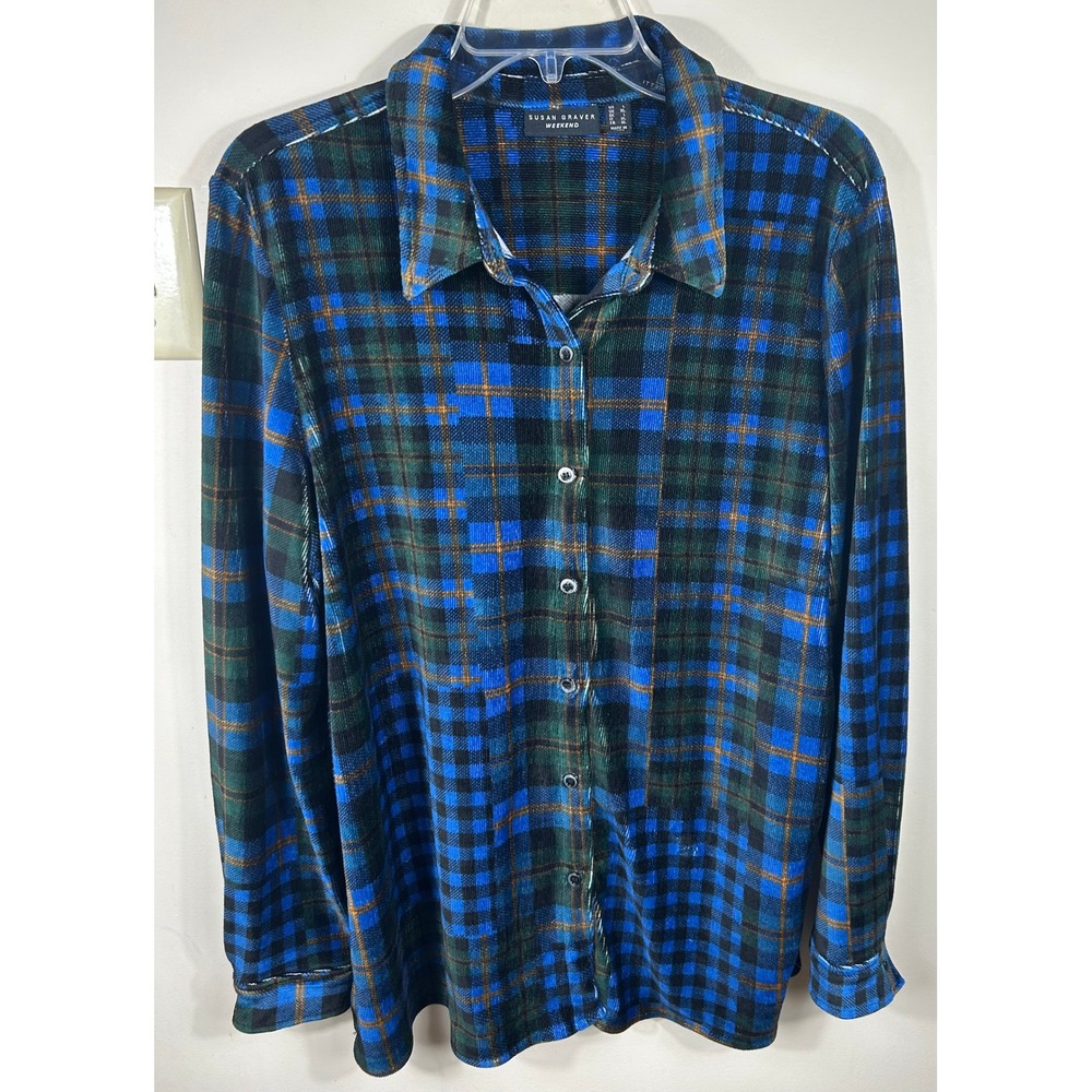 Susan Graver Weekend Velvet Plaid‎ Knit Flannel Top Women's L Blue Layering Soft